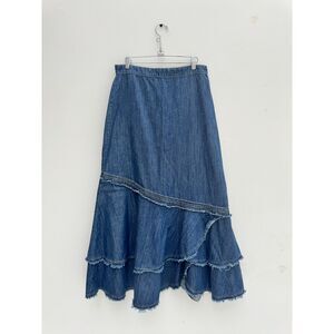 Style J Denim Tiered Asymmetric Ruffle Maxi Skirt Frayed Hem Size 30/US 10